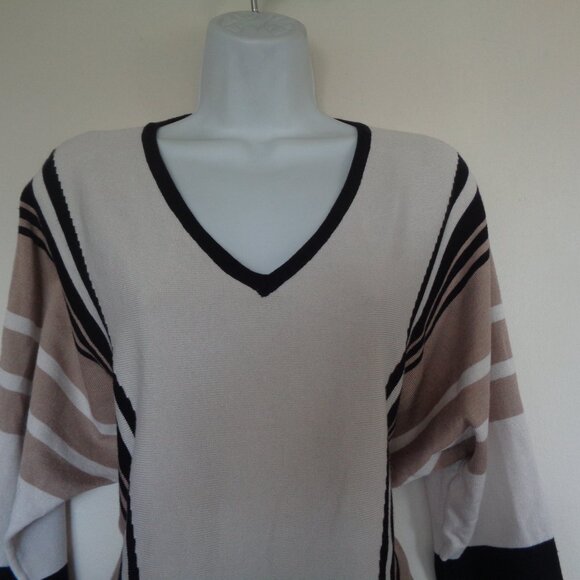 Tahari White Black Brown Stripe Rayon Knit V-Neck Sweater Small - Picture 2 of 5